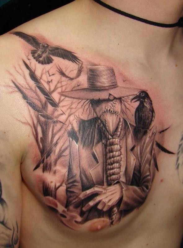 胸部可怕3D乌鸦和稻草人纹身图案