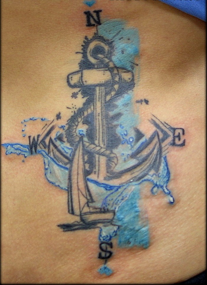 很酷的蓝色指南针船锚腹部纹身图案