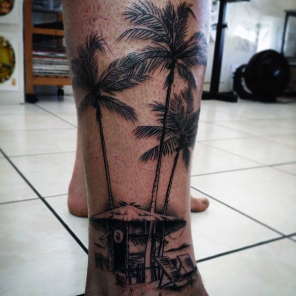 非常逼真的黑色棕榈树脚踝纹身图案