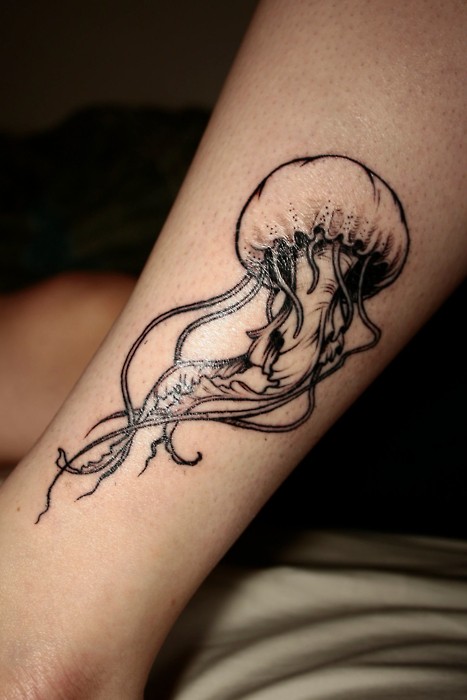 小腿3D黑色的水母纹身图案