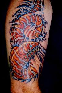 腿上的七彩海底动物纹身图案