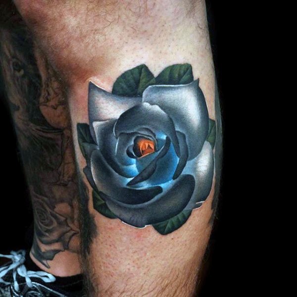 小腿小小的彩色3D玫瑰花个性纹身图案
