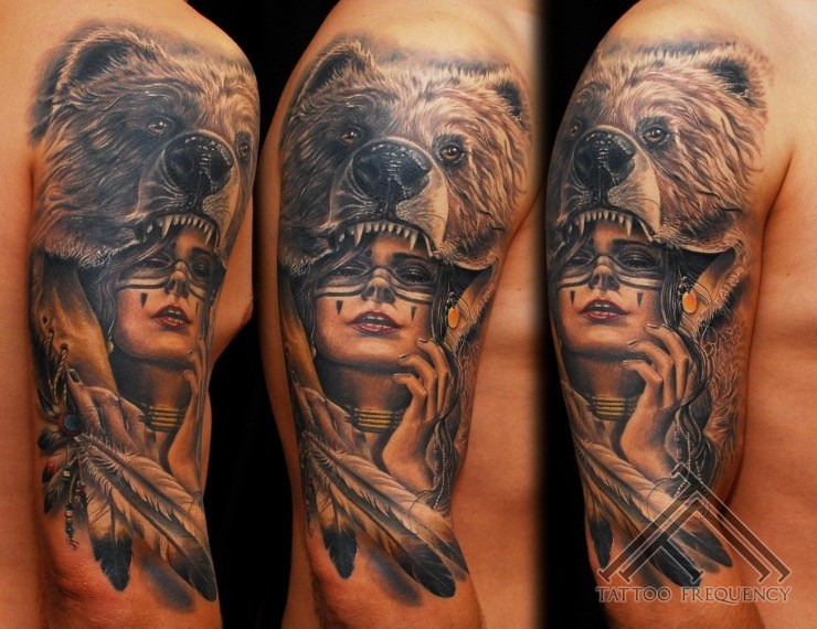 手臂黑白印度女人肖像和熊头盔纹身图案
