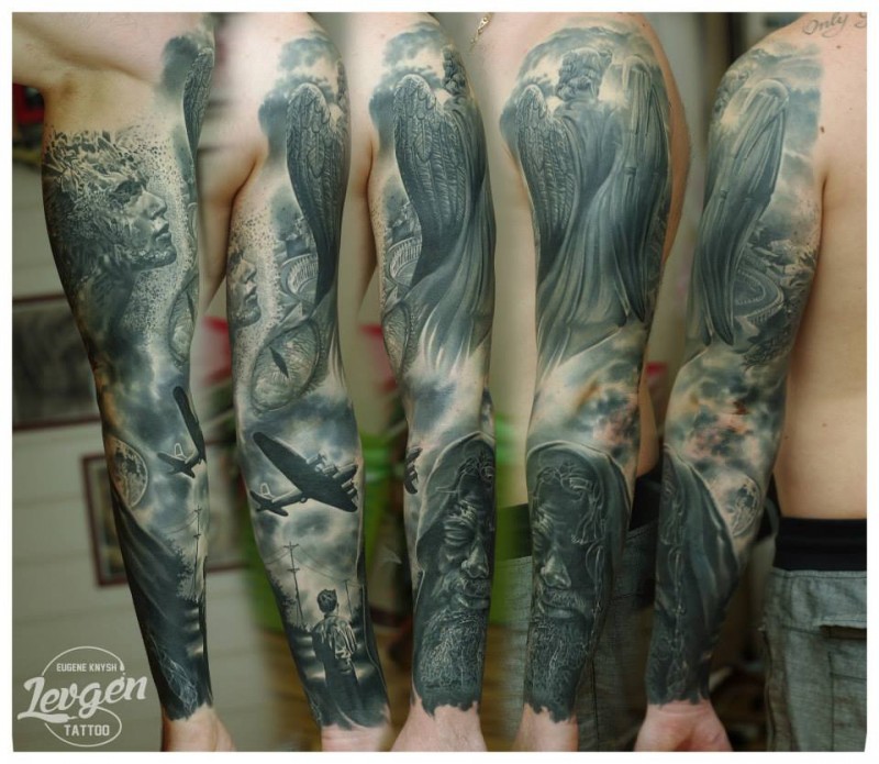 手臂灰色的天使雕像和二战轰炸机纹身图案