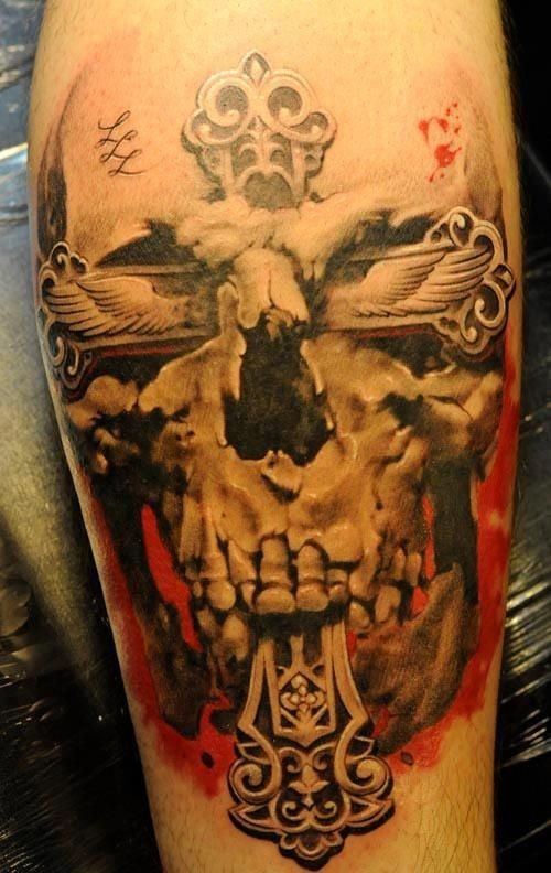 惊人的邪教骷髅与十字架手臂纹身图案