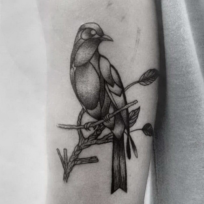 雕刻风格的点刺鸽子树枝手臂纹身图案