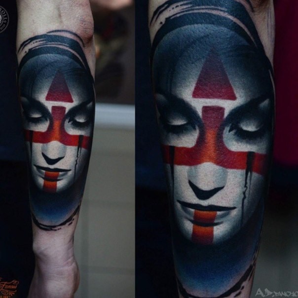 写实风格的彩色部落女性肖像手臂纹身图案