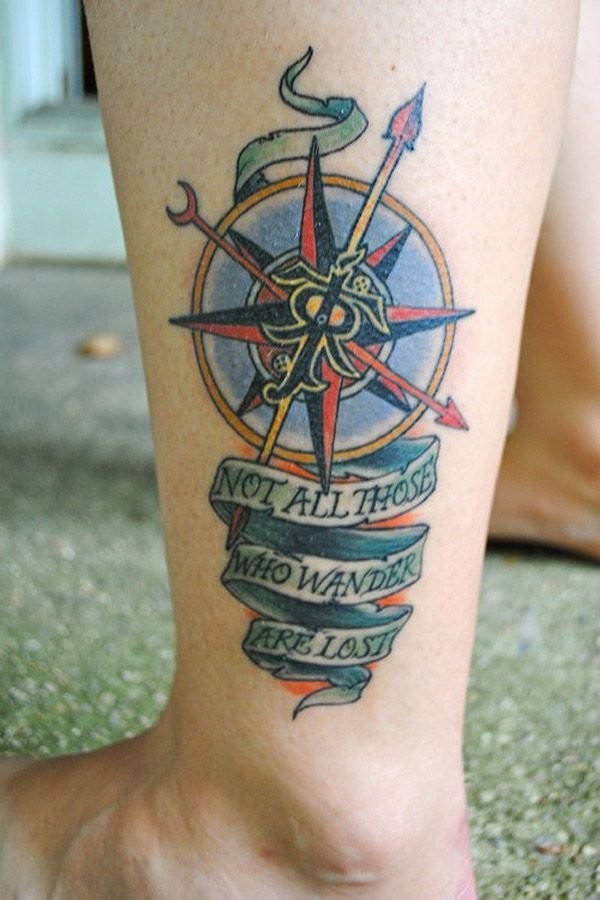 航海主题丰富多彩的指南针和字母脚踝纹身图案