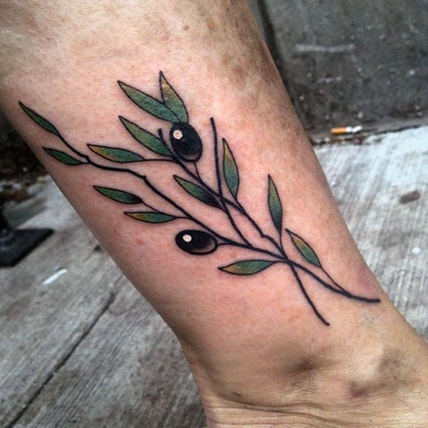 小清新橄榄树枝彩色脚踝纹身图案