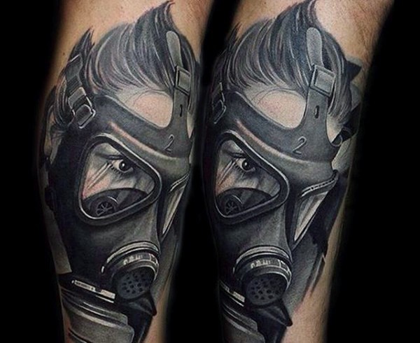 惊人的灰色防毒面具人像手臂纹身图案