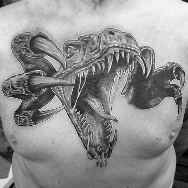 胸部3D风格黑色邪恶恐龙与爪子纹身图案