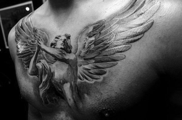 胸部黑白的祈祷天使纹身图案