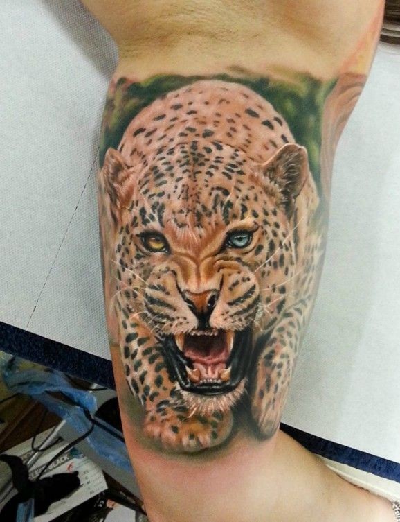 手臂逼真的彩色豹子纹身图案
