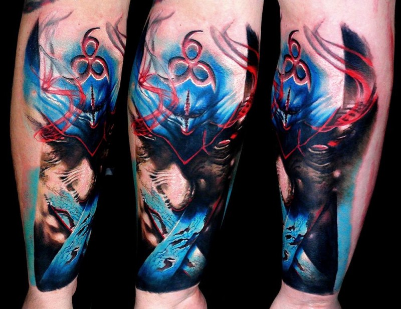 手臂抽象风格的彩色神秘幻想恶魔纹身图案