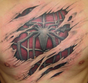 3D蜘蛛和撕皮彩色胸部纹身图案