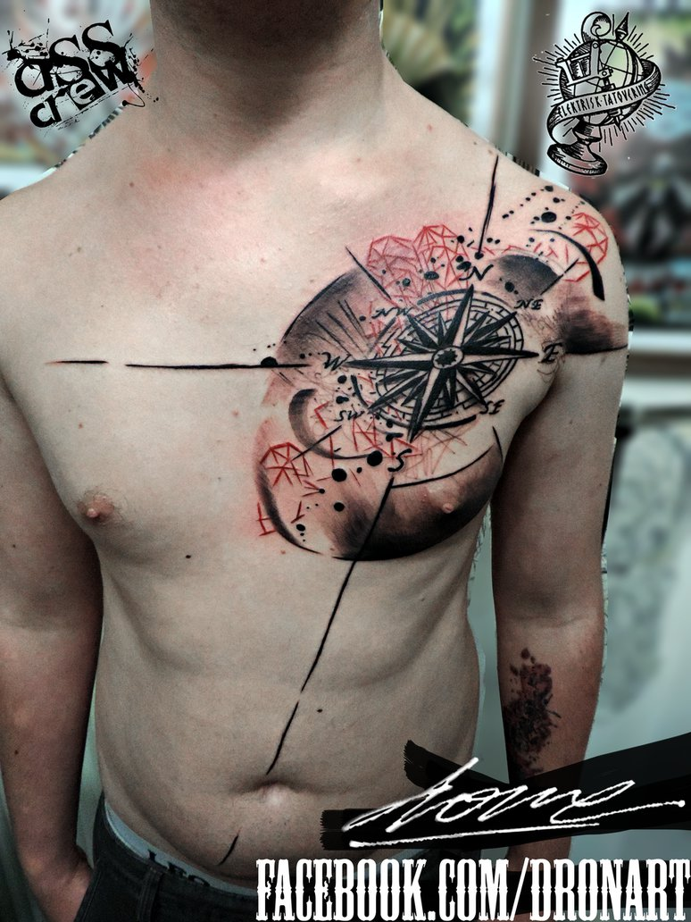 胸部3D彩色的指南针饰品纹身图案