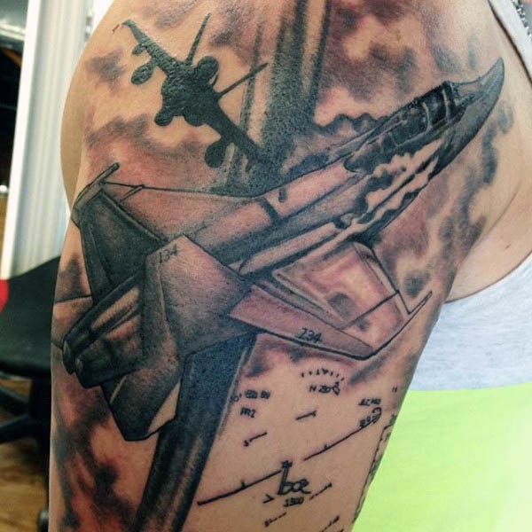 手臂黑灰风格的现代军用飞机纹身图案