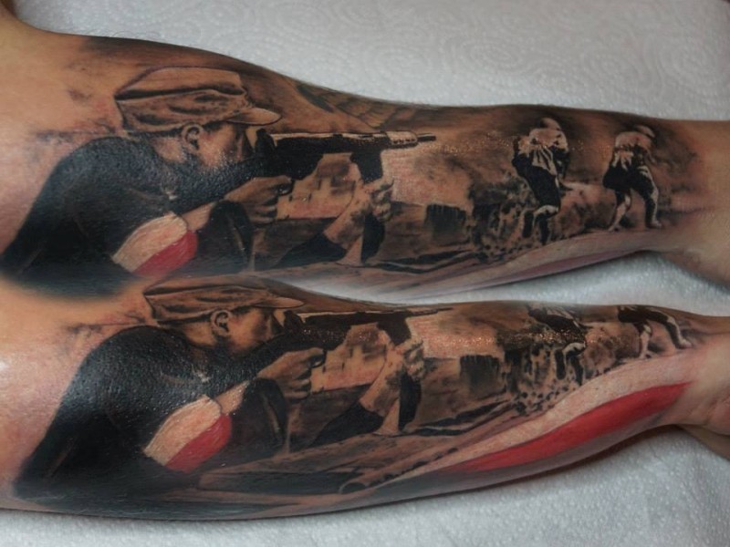 黑灰风格的二战士兵彩色手臂纹身图案