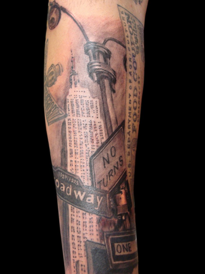 手臂彩色的美国城市景观写实纹身图案