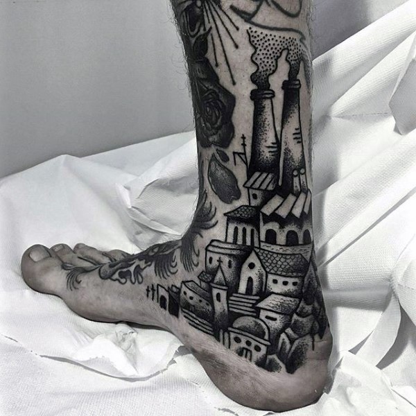 点刺风格工业建筑黑色脚踝纹身图案