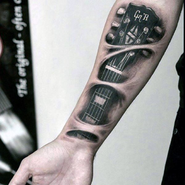 手臂3D黑白写实吉他撕皮纹身图案