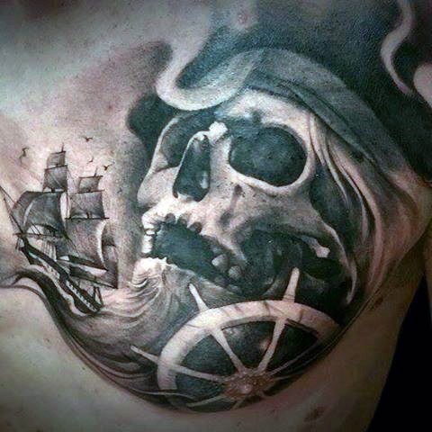 胸部3D黑白海盗骷髅与船舵纹身图案
