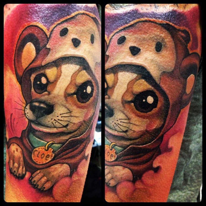 手臂彩色可爱的小狗与有趣的帽子纹身图案