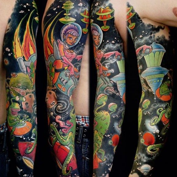 花臂太空世界和外星人纹身图案