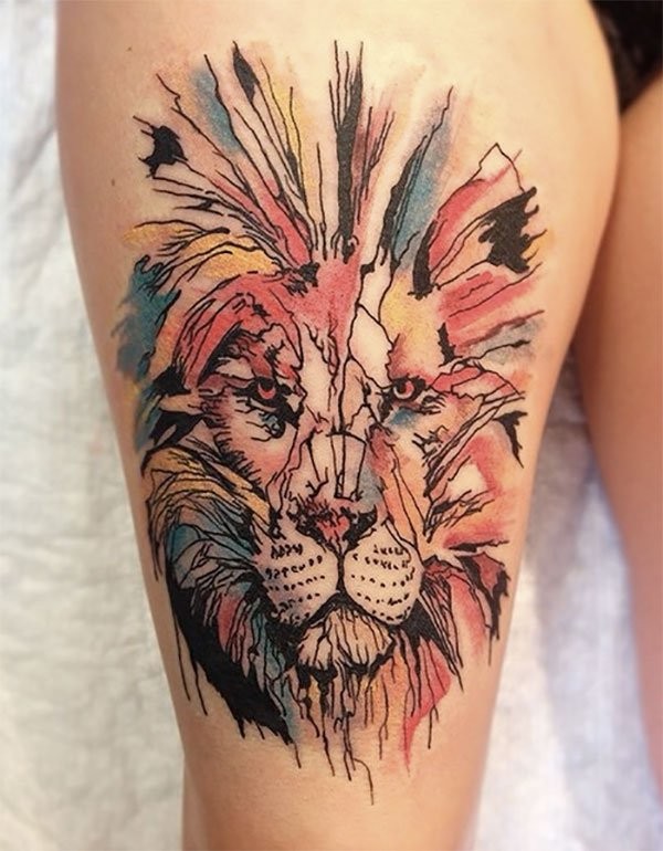 大腿惊人的抽象风格狮子纹身图案