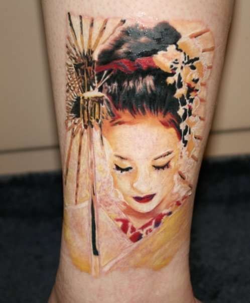 脚踝可怕的彩色3D艺妓肖像纹身图案