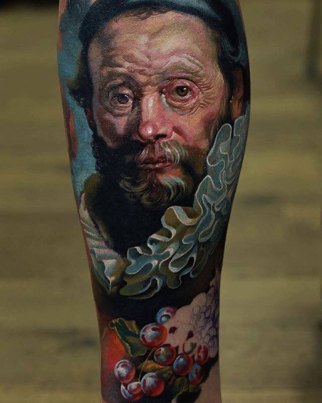 小腿3D彩色的中世纪男子肖像纹身图案