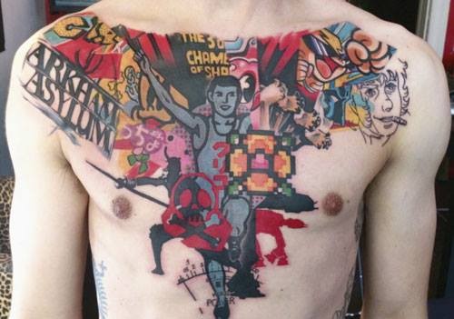 胸部抽象风格的彩色漫画人物纹身图案