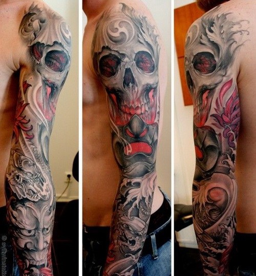手臂3D骷髅与恶魔面具彩色纹身图案
