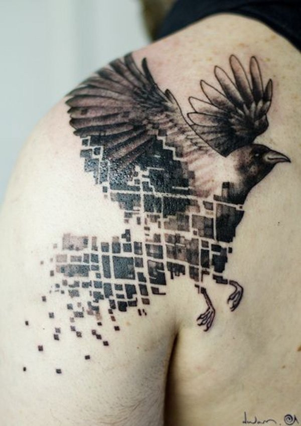 背部抽象几何风格黑白鸟纹身图案