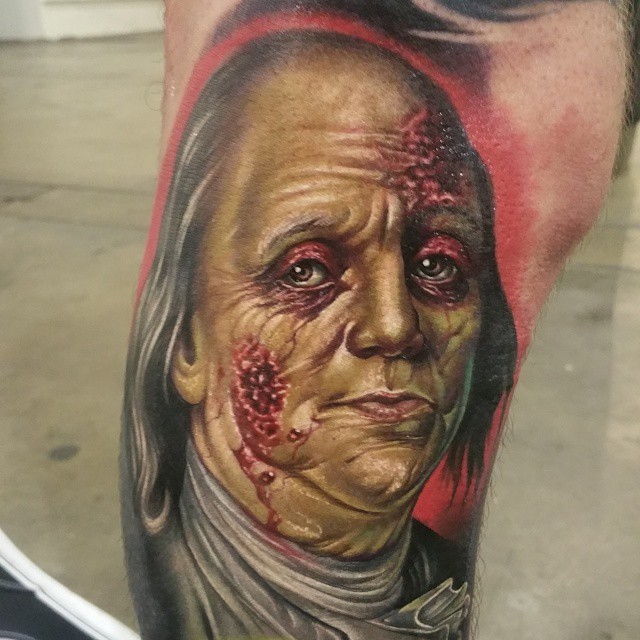 大腿彩色美国总统僵尸肖像纹身图案