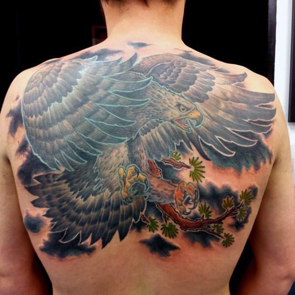 背部卡通风格彩色的鹰纹身图案