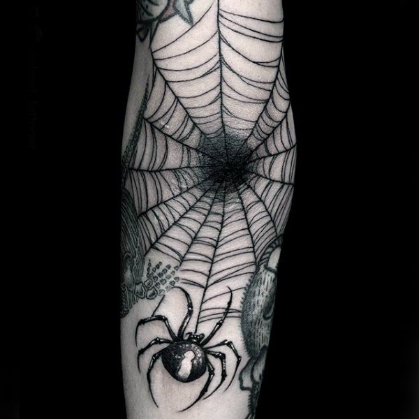 黑色惊人的蜘蛛与蜘蛛网小臂纹身图案