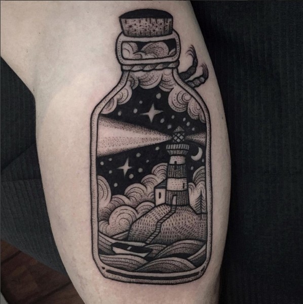 3D有趣的黑色瓶子与星空灯塔纹身图案
