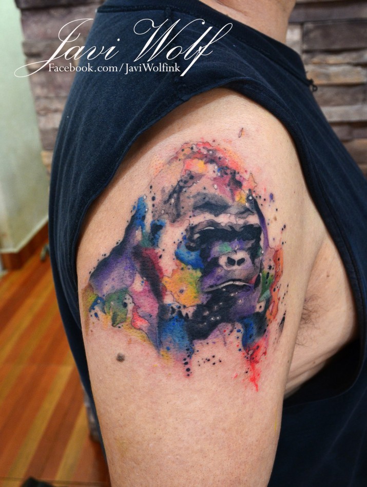 大猩猩肖像彩绘水彩泼墨风格手臂纹身图案