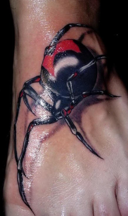 脚背超现实的黑寡妇蜘蛛纹身图案