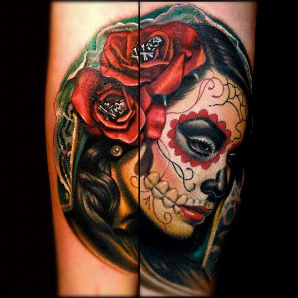 难以置信的墨西哥式彩色女性肖像手臂纹身图案