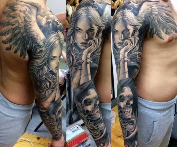 手臂黑白天使女人和骷髅纹身图案