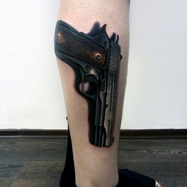 小腿非常逼真的3D彩色现代手枪纹身图案