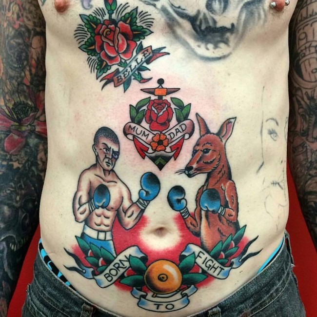腹部传统风格的彩色袋鼠和拳击手纹身图案