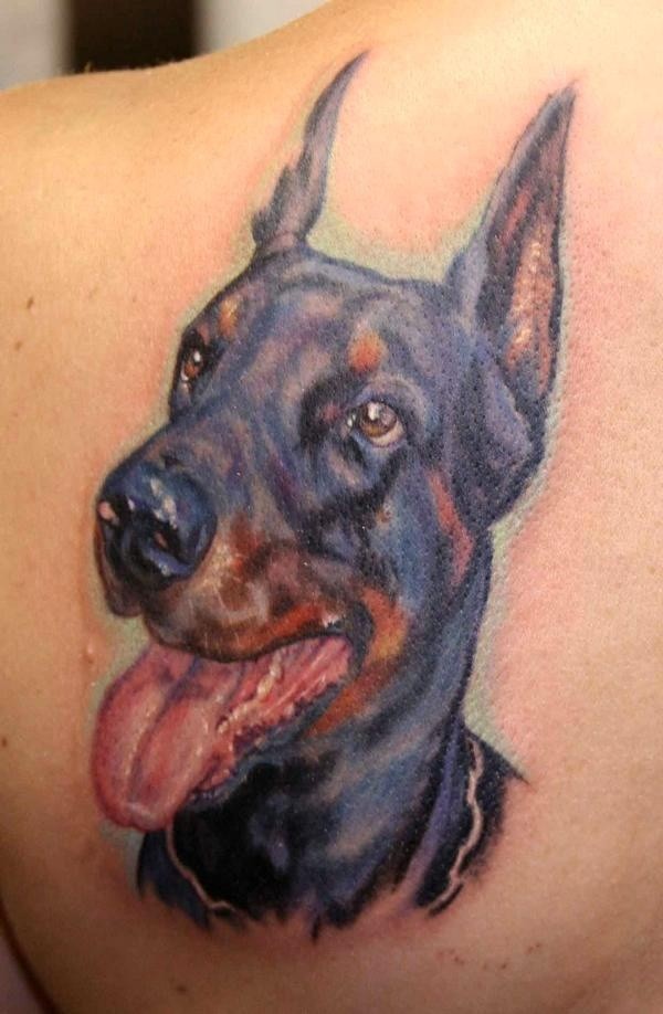 背部写实丰富多彩的杜宾犬头像纹身图案