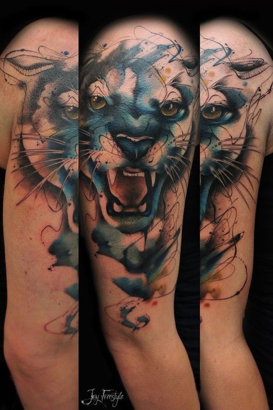 精彩的黑豹水墨风格手臂纹身图案