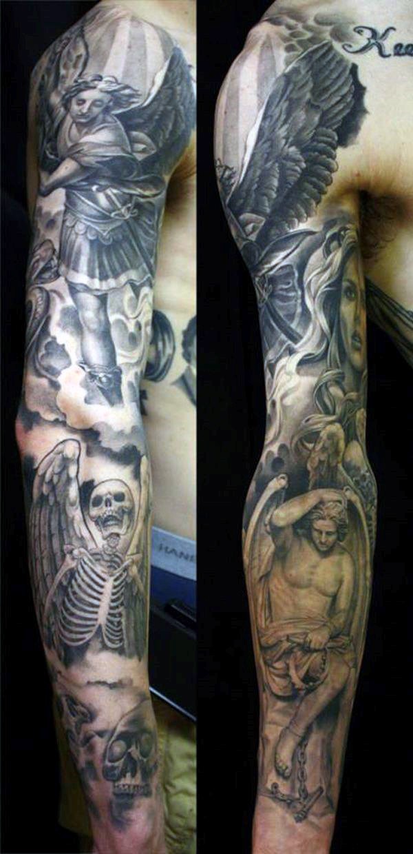 手臂黑白天使战士和天使骨架纹身图案