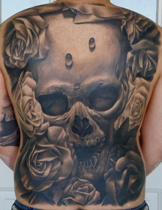 3D骷髅和玫瑰满背纹身图案