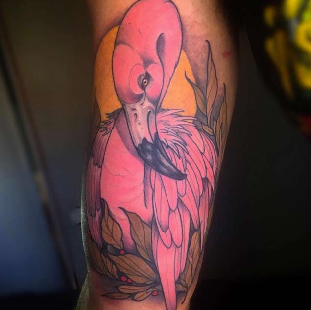 手臂漂亮的粉红色火烈鸟纹身图案