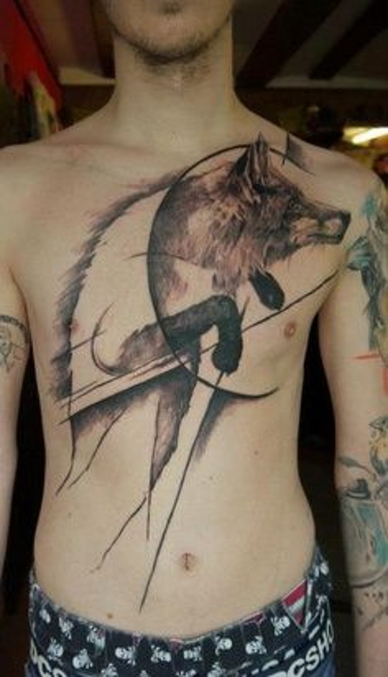 胸部抽象风格的狼纹身图案
